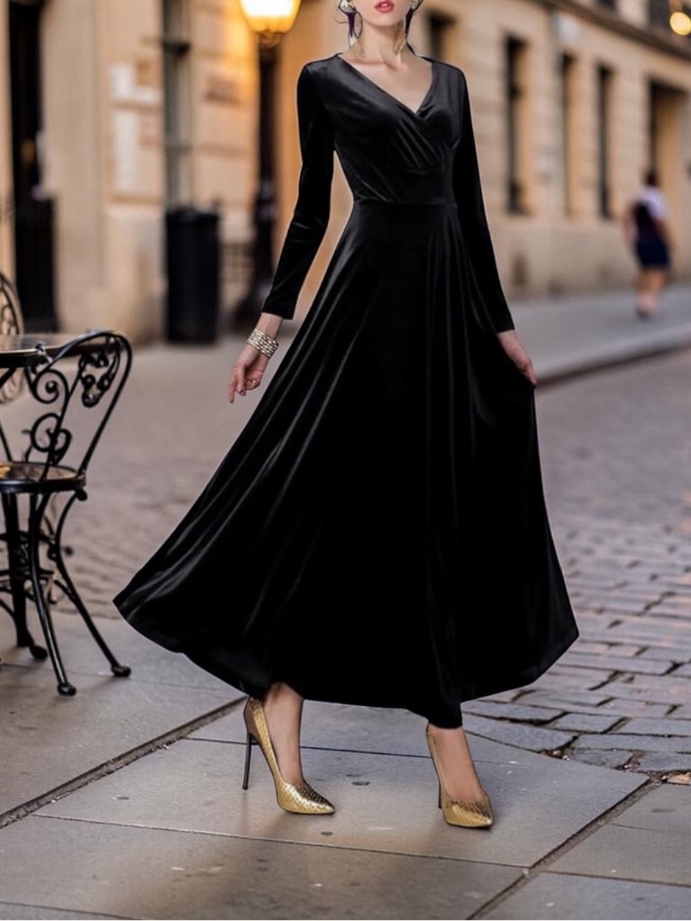 Urban Coco Elegant Black Velvet Long Sleeve V-Neck Maxi Dress Sz M Stretchy